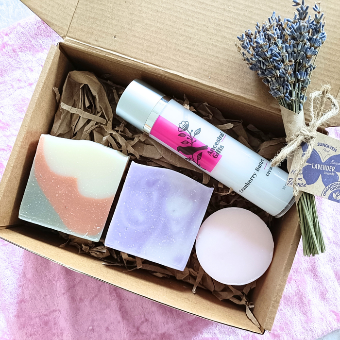 Floral Spa Gift Set | Pink & Dead Sea Clay, Lavender, Rose Soaps, Cranberry Face Moisturizer