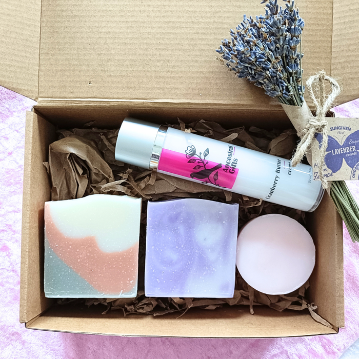 Floral Spa Gift Set | Pink & Dead Sea Clay, Lavender, Rose Soaps, Cranberry Face Moisturizer
